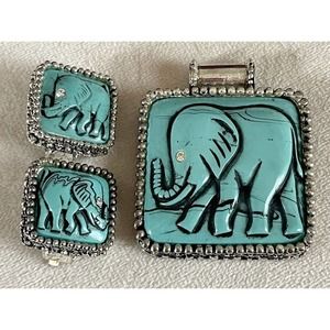 Vintage Turquoise Blue And Silver Tone Elephant Clip-On Earrings/Pendant